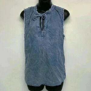 Bella doll size, small denim, tank top, rough edged neck, and arms sleeveless